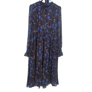 Me+Em Maxi Floral Dress Blue Maroon Peasant Ruffle Neck Smocked Tiered Size 10